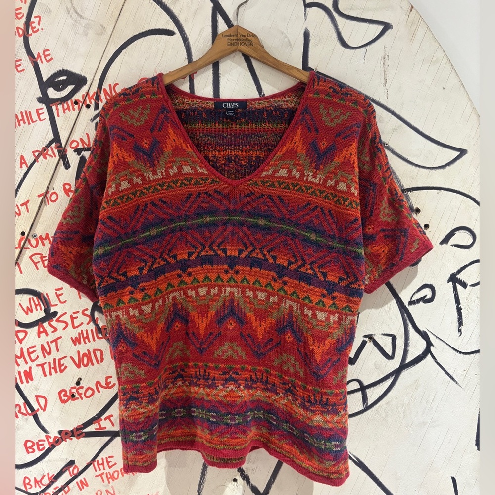 Vintage Chaps Southwestern Aztec Knit V Neck T Shirt